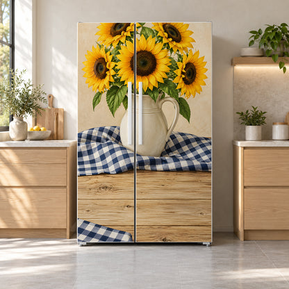 Sunflowers & Gingham fridge wrap on a side-by-side refrigerator