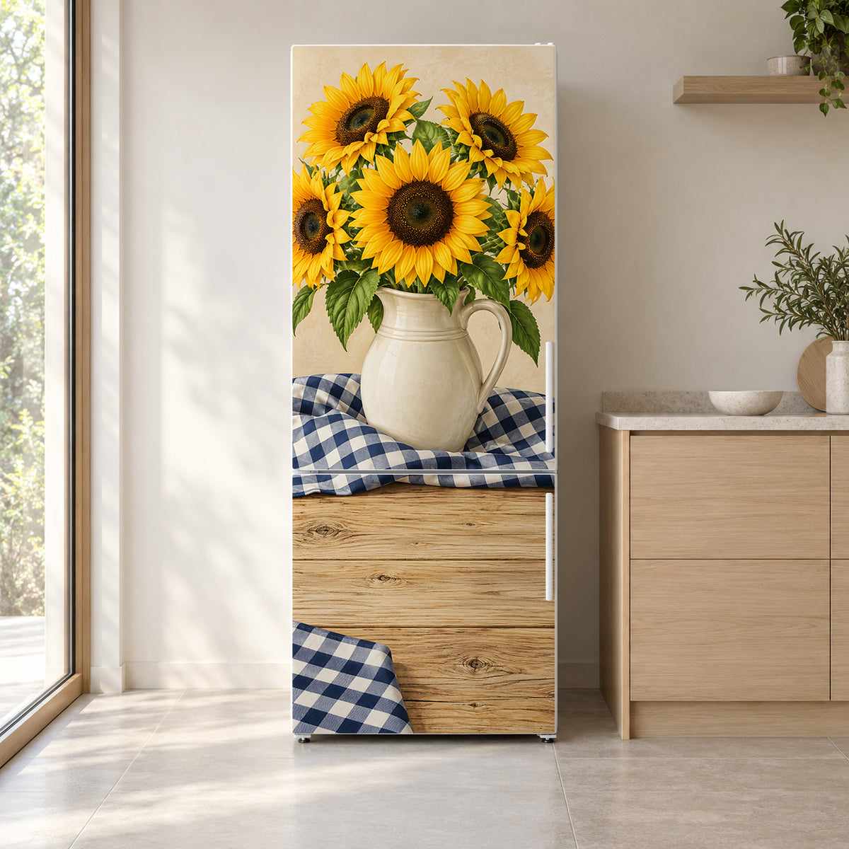 Sunflowers & Gingham fridge wrap on a white refrigerator in a bright kitchen
