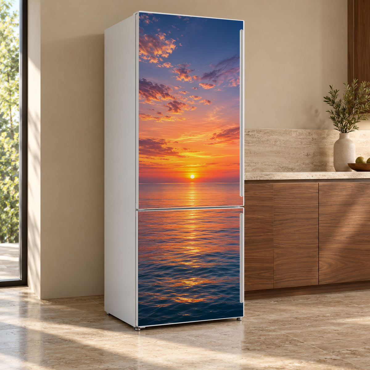 Sunset over the Sea fridge wrap, refrigerator shown at an angle