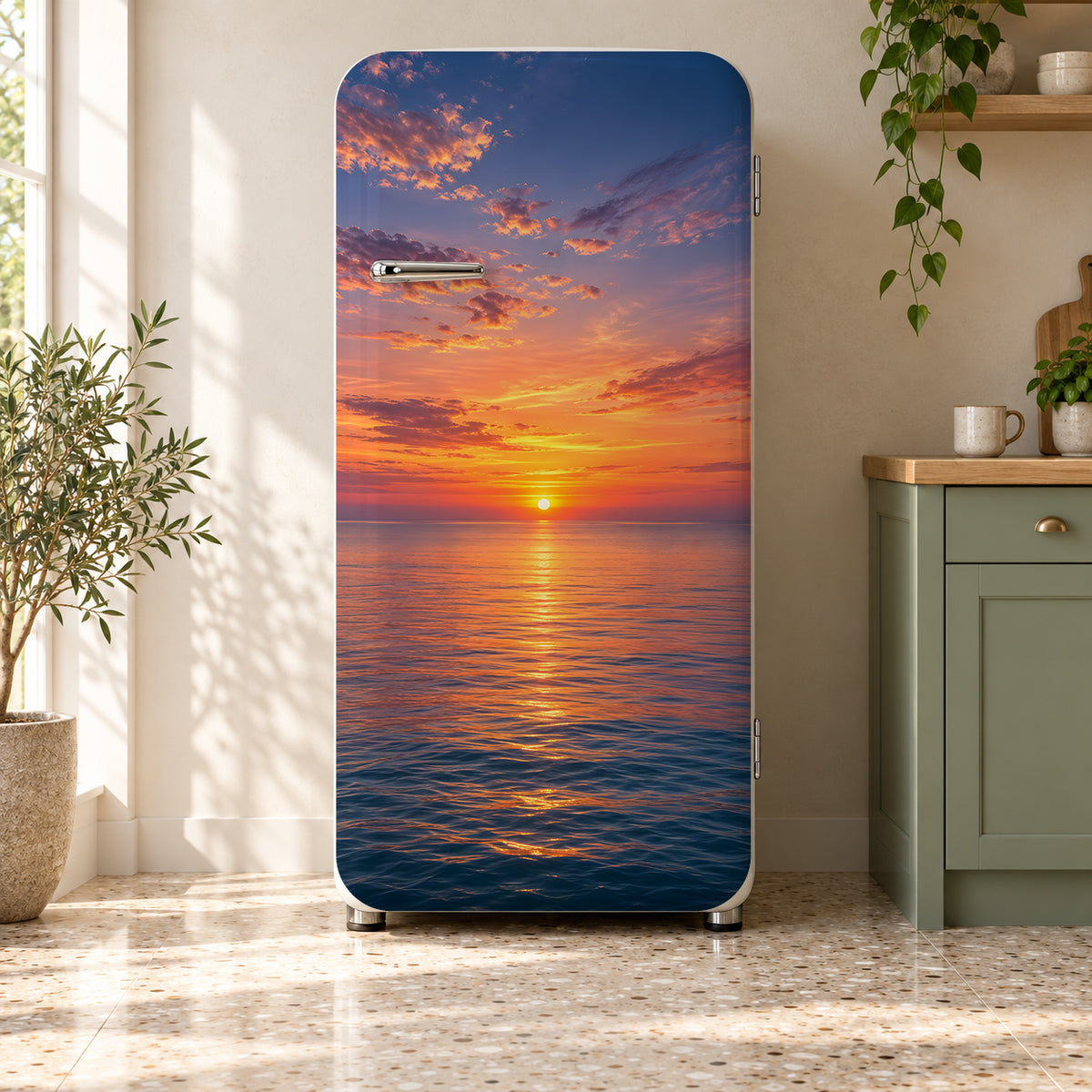 Sunset over the Sea fridge wrap on a retro refrigerator