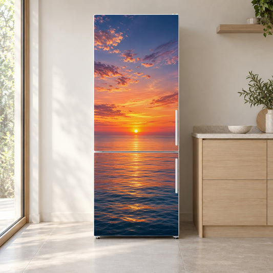 Sunset over the Sea fridge wrap on a white refrigerator in a bright kitchen
