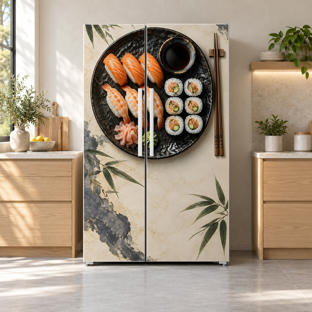 Sushi fridge wrap on a side-by-side refrigerator