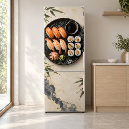 Sushi fridge wrap on a white refrigerator in a bright kitchen