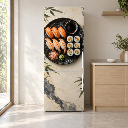 Sushi fridge wrap on a white refrigerator in a bright kitchen