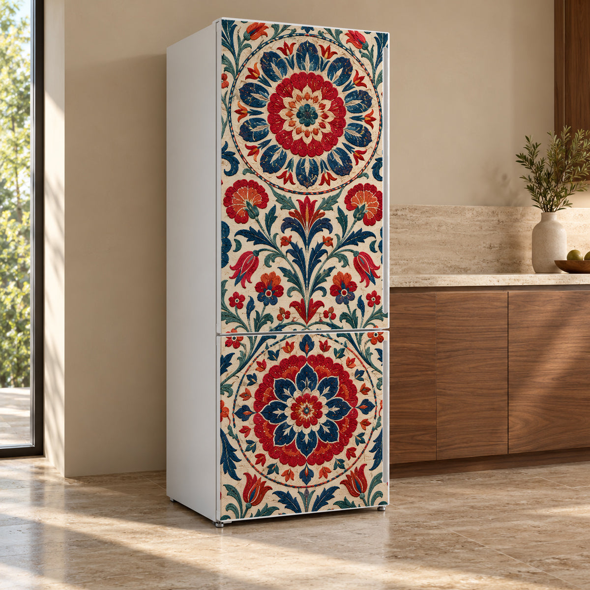 Suzani Embroidery fridge wrap, refrigerator shown at an angle