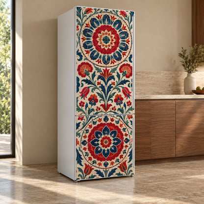 Suzani Embroidery fridge wrap, refrigerator shown at an angle