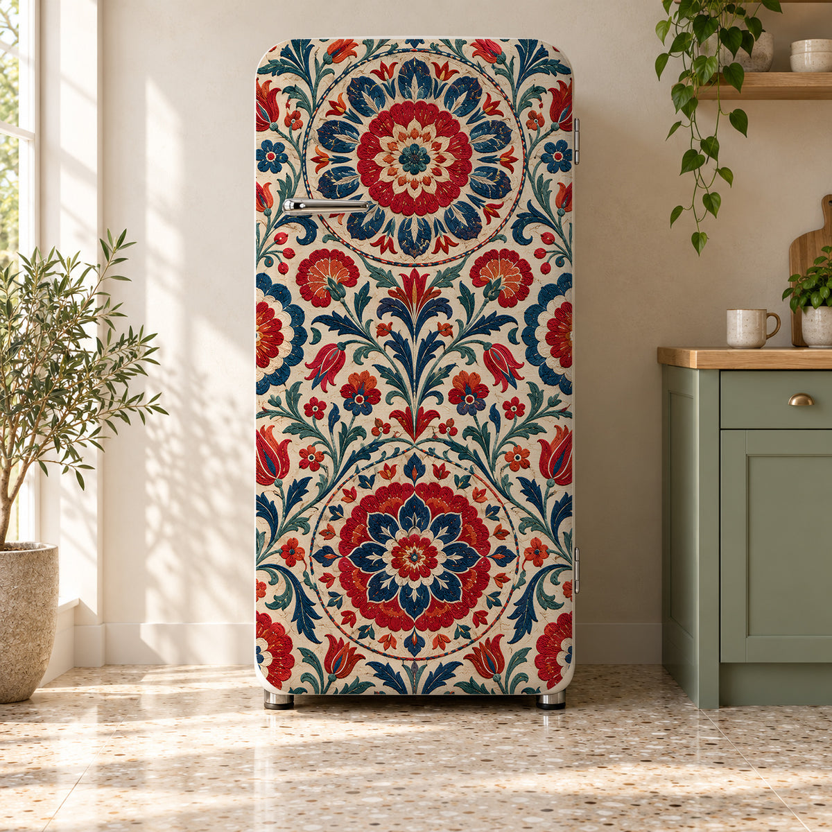 Suzani Embroidery fridge wrap on a retro refrigerator