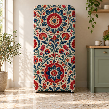 Suzani Embroidery fridge wrap on a retro refrigerator