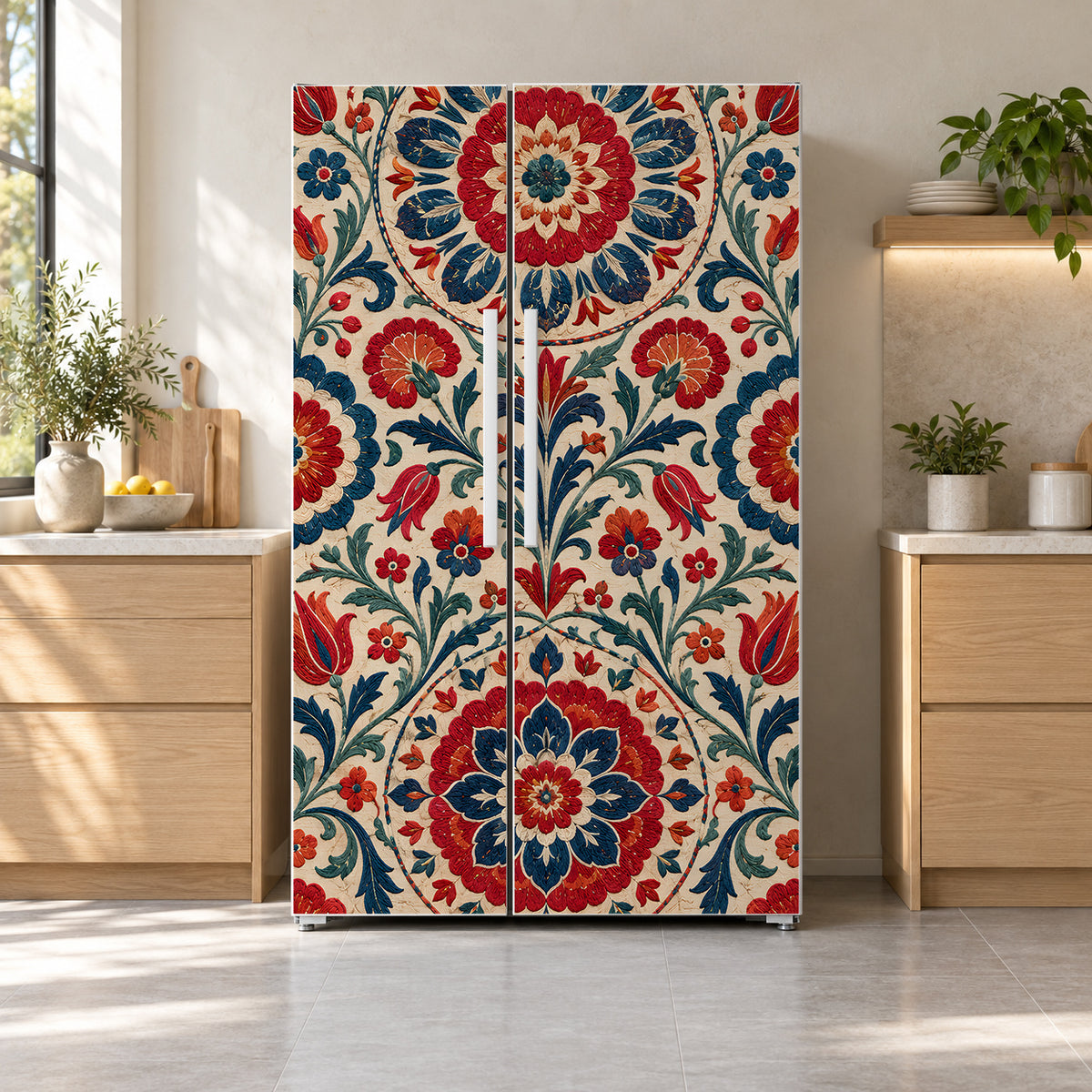 Suzani Embroidery fridge wrap on a side-by-side refrigerator