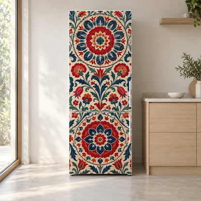 Suzani Embroidery fridge wrap on a white refrigerator in a bright kitchen