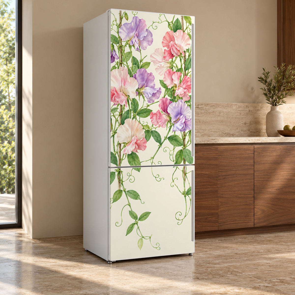 Sweet Peas fridge wrap, refrigerator shown at an angle