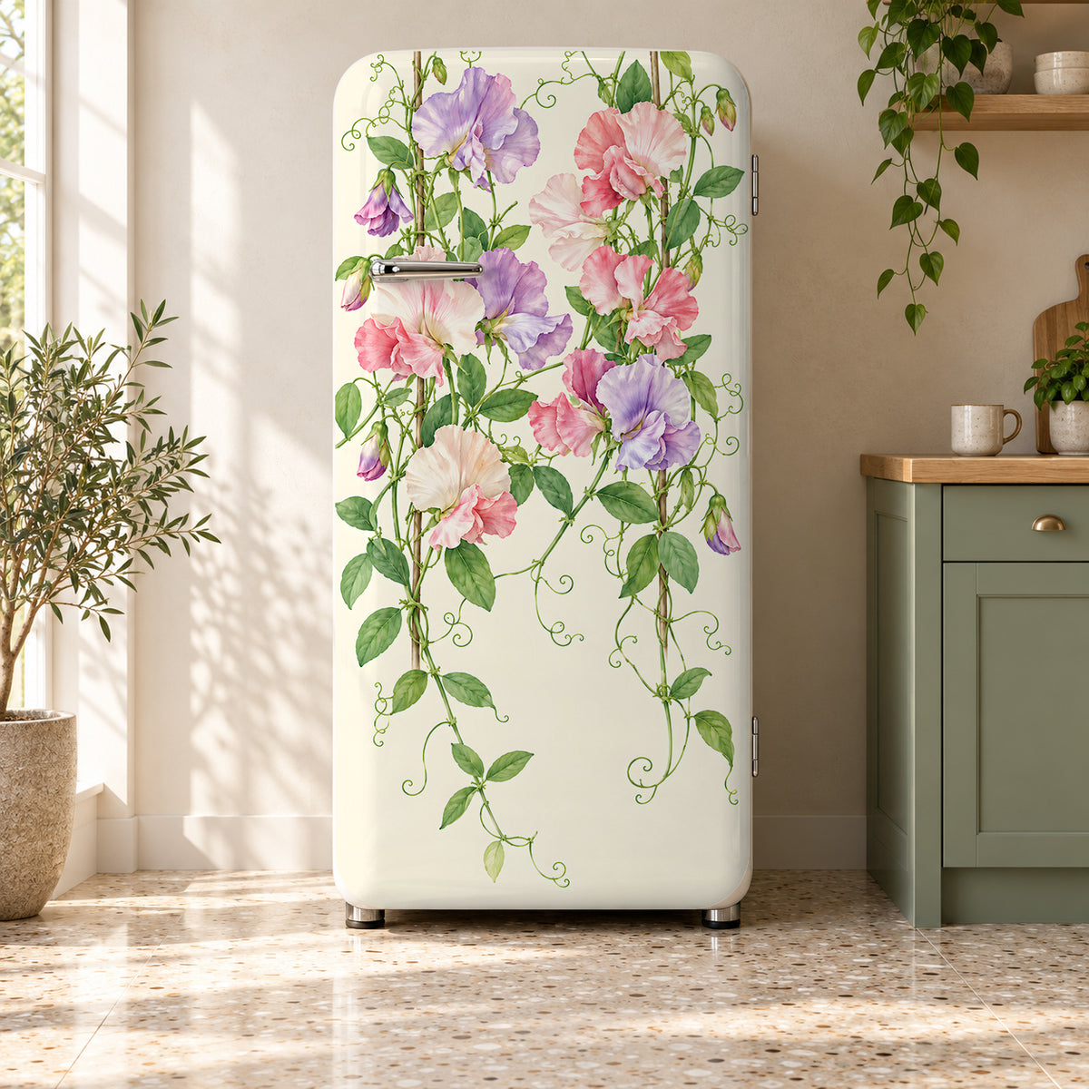 Sweet Peas fridge wrap on a retro refrigerator