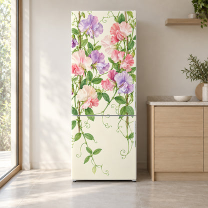 Sweet Peas fridge wrap on a white refrigerator in a bright kitchen
