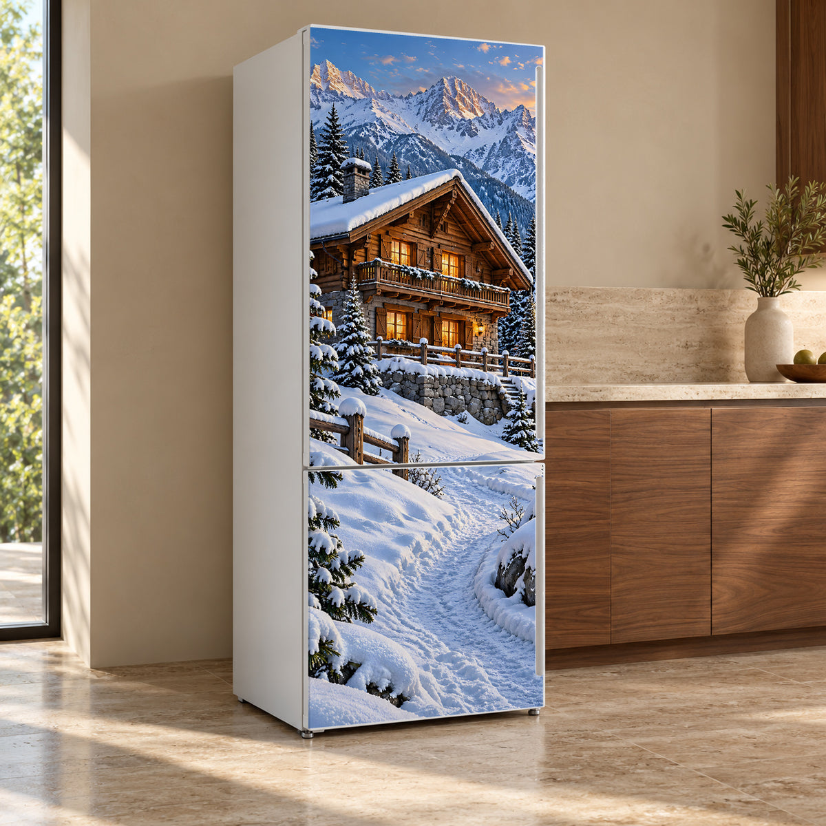 Swiss Alps Chalet fridge wrap, refrigerator shown at an angle