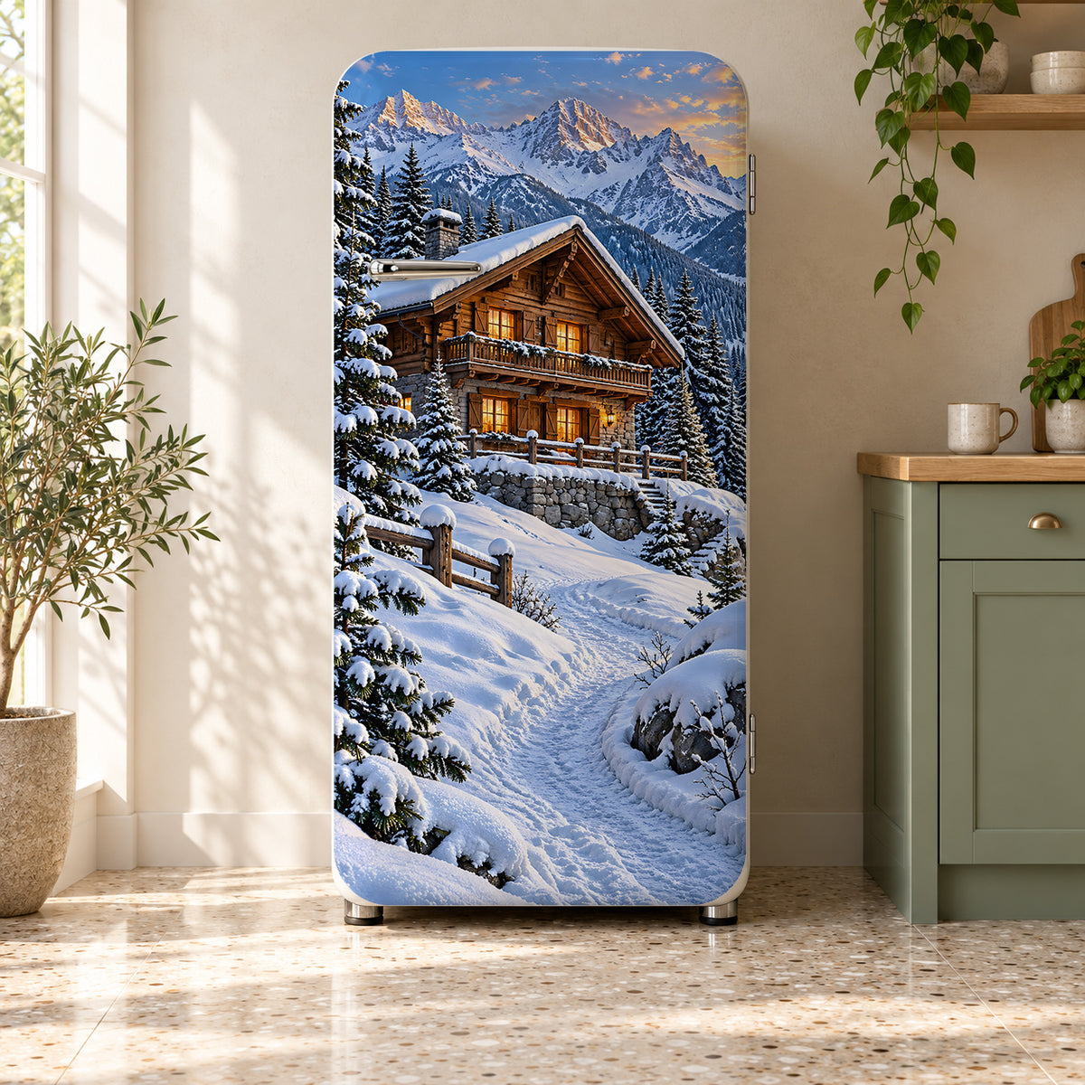 Swiss Alps Chalet fridge wrap on a retro refrigerator