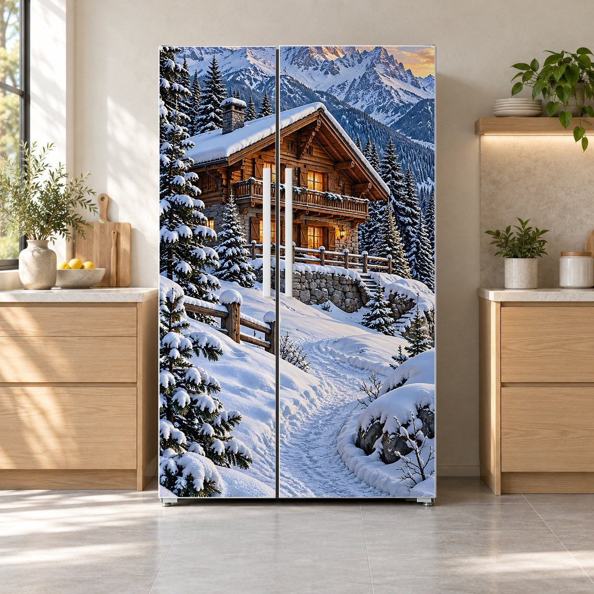 Swiss Alps Chalet fridge wrap on a side-by-side refrigerator