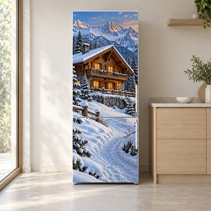 Swiss Alps Chalet fridge wrap on a white refrigerator in a bright kitchen