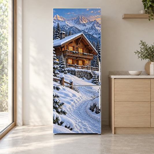 Swiss Alps Chalet fridge wrap on a white refrigerator in a bright kitchen