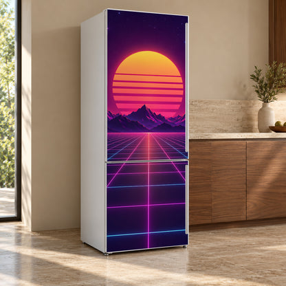 Synthwave Sunset Grid fridge wrap, refrigerator shown at an angle