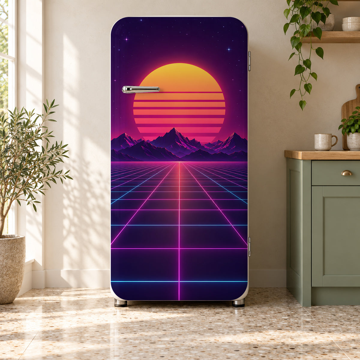Synthwave Sunset Grid fridge wrap on a retro refrigerator