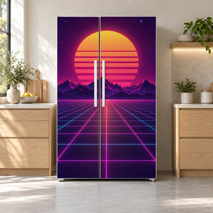 Synthwave Sunset Grid fridge wrap on a side-by-side refrigerator