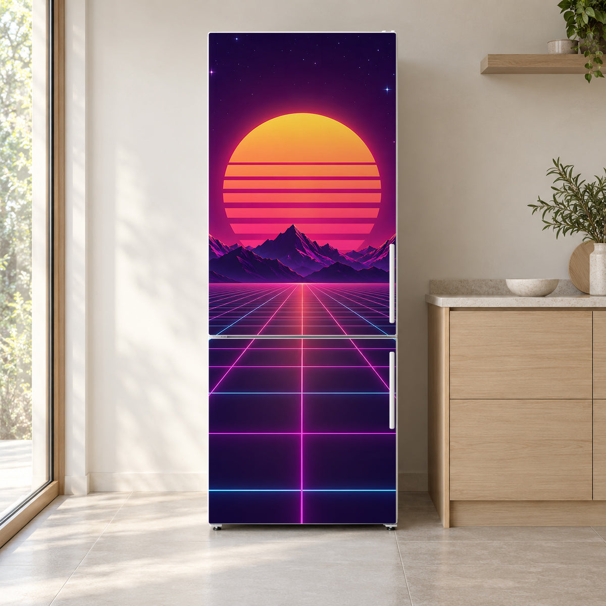 Synthwave Sunset Grid fridge wrap on a white refrigerator in a bright kitchen