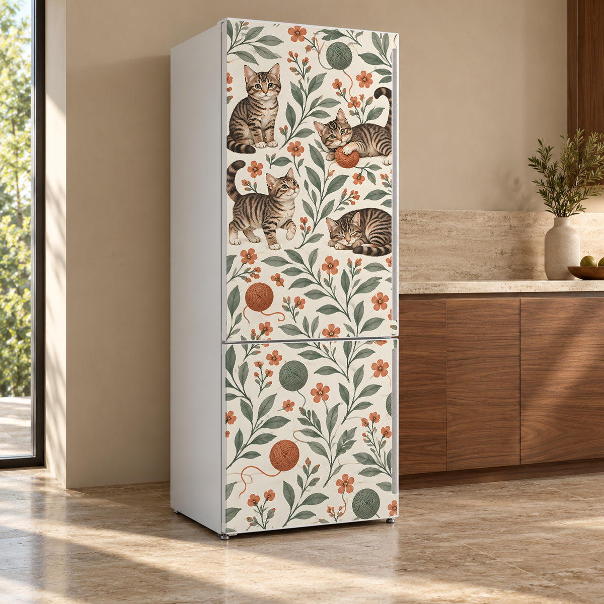 Tabby Cats Pattern fridge wrap, refrigerator shown at an angle