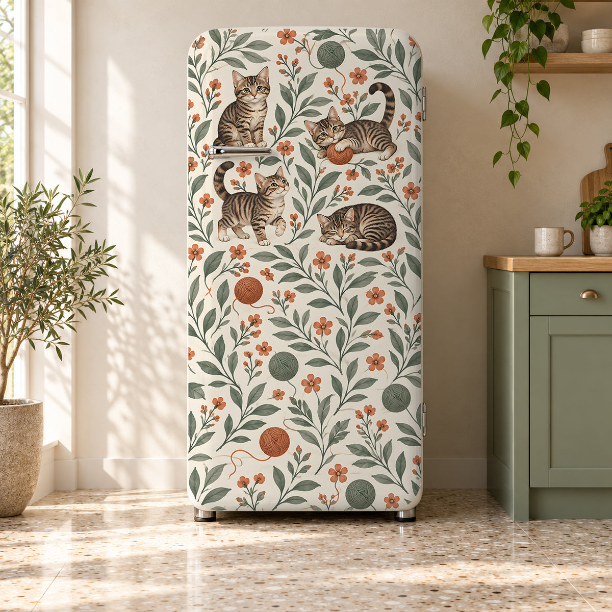 Tabby Cats Pattern fridge wrap on a retro refrigerator