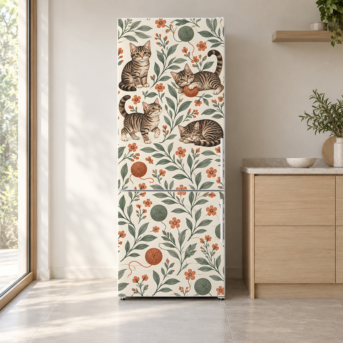 Tabby Cats Pattern fridge wrap on a white refrigerator in a bright kitchen