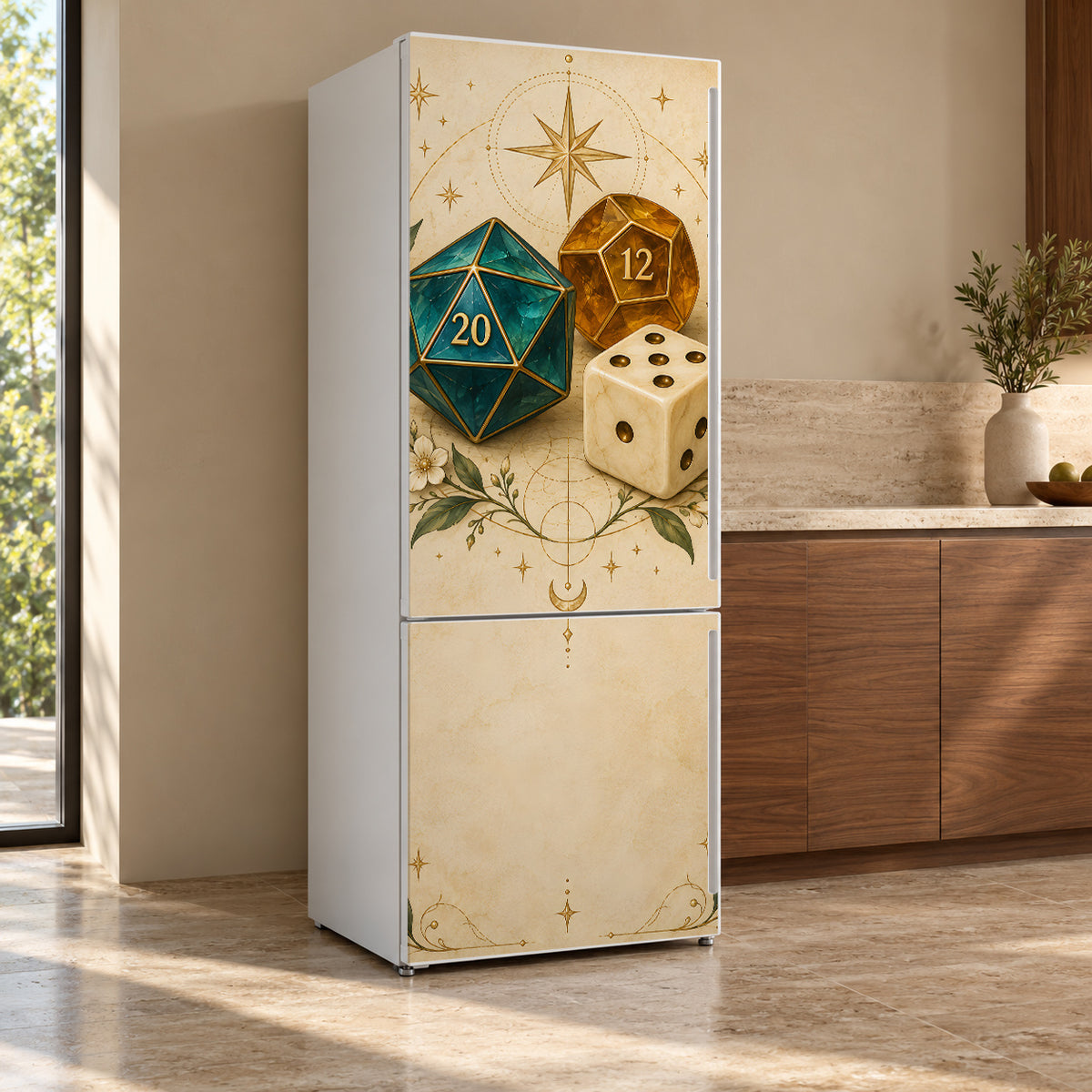Tabletop RPG Dice fridge wrap, refrigerator shown at an angle