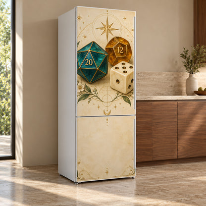 Tabletop RPG Dice fridge wrap, refrigerator shown at an angle