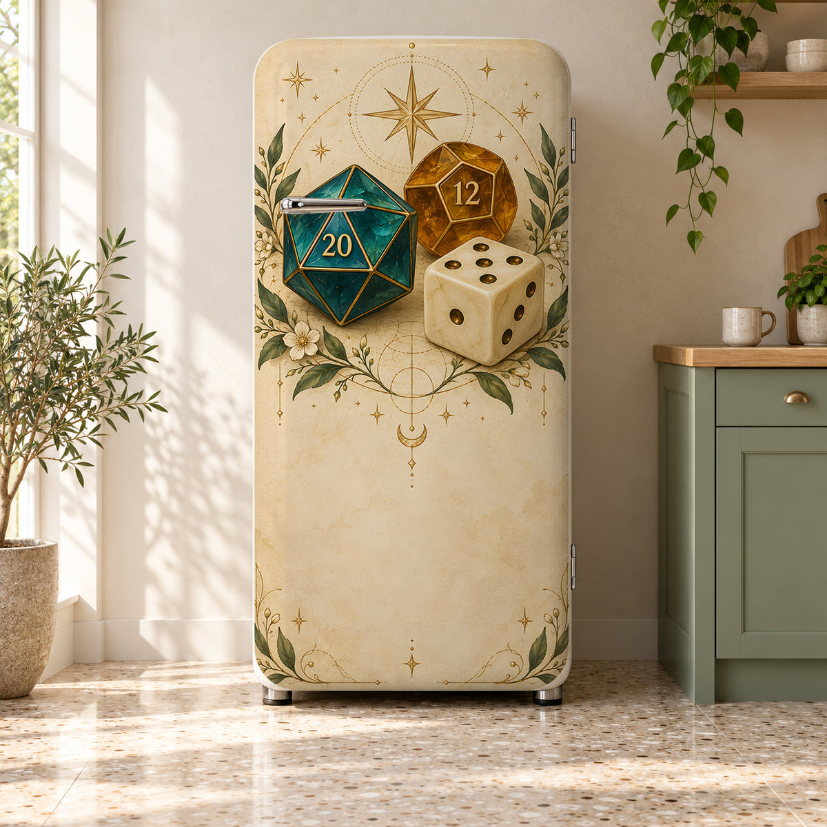 Tabletop RPG Dice fridge wrap on a retro refrigerator