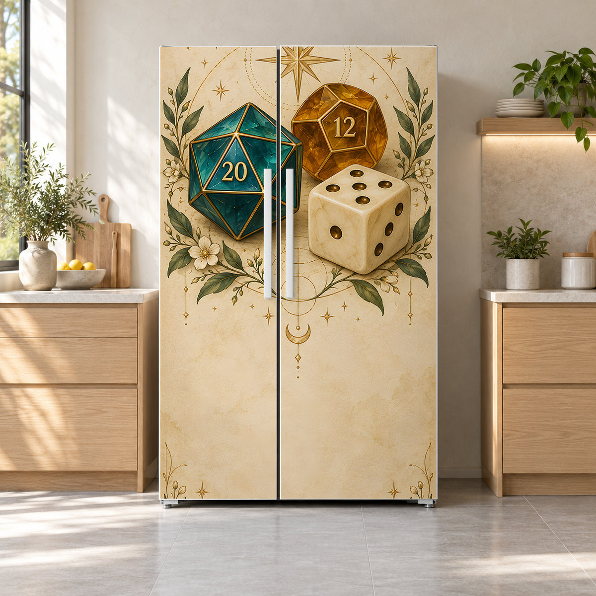 Tabletop RPG Dice fridge wrap on a side-by-side refrigerator