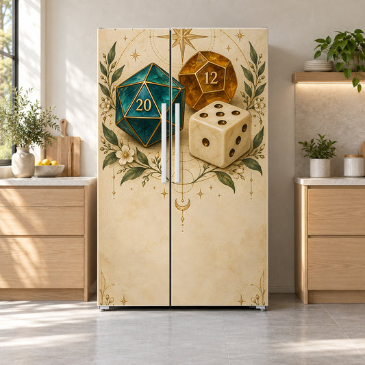 Tabletop RPG Dice fridge wrap on a side-by-side refrigerator