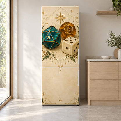 Tabletop RPG Dice fridge wrap on a white refrigerator in a bright kitchen