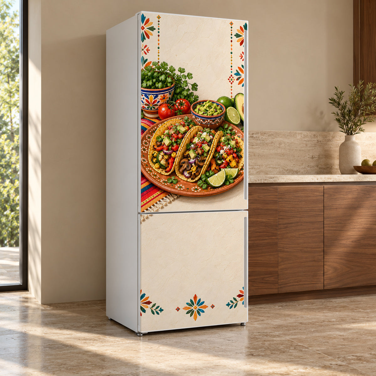 Taco Fiesta fridge wrap, refrigerator shown at an angle