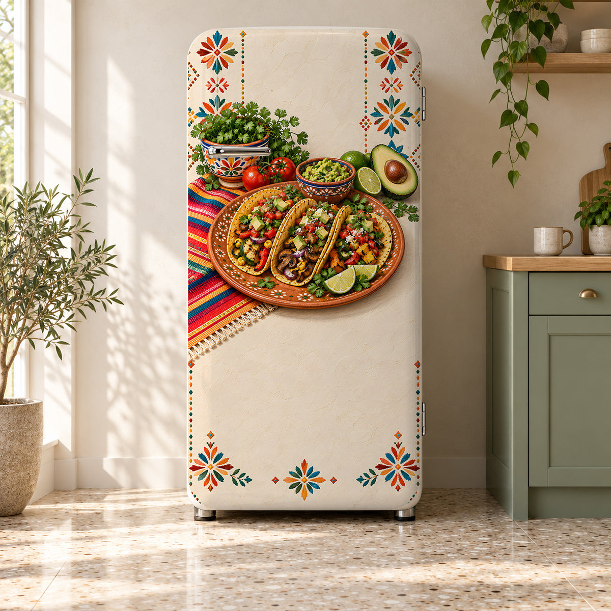 Taco Fiesta fridge wrap on a retro refrigerator