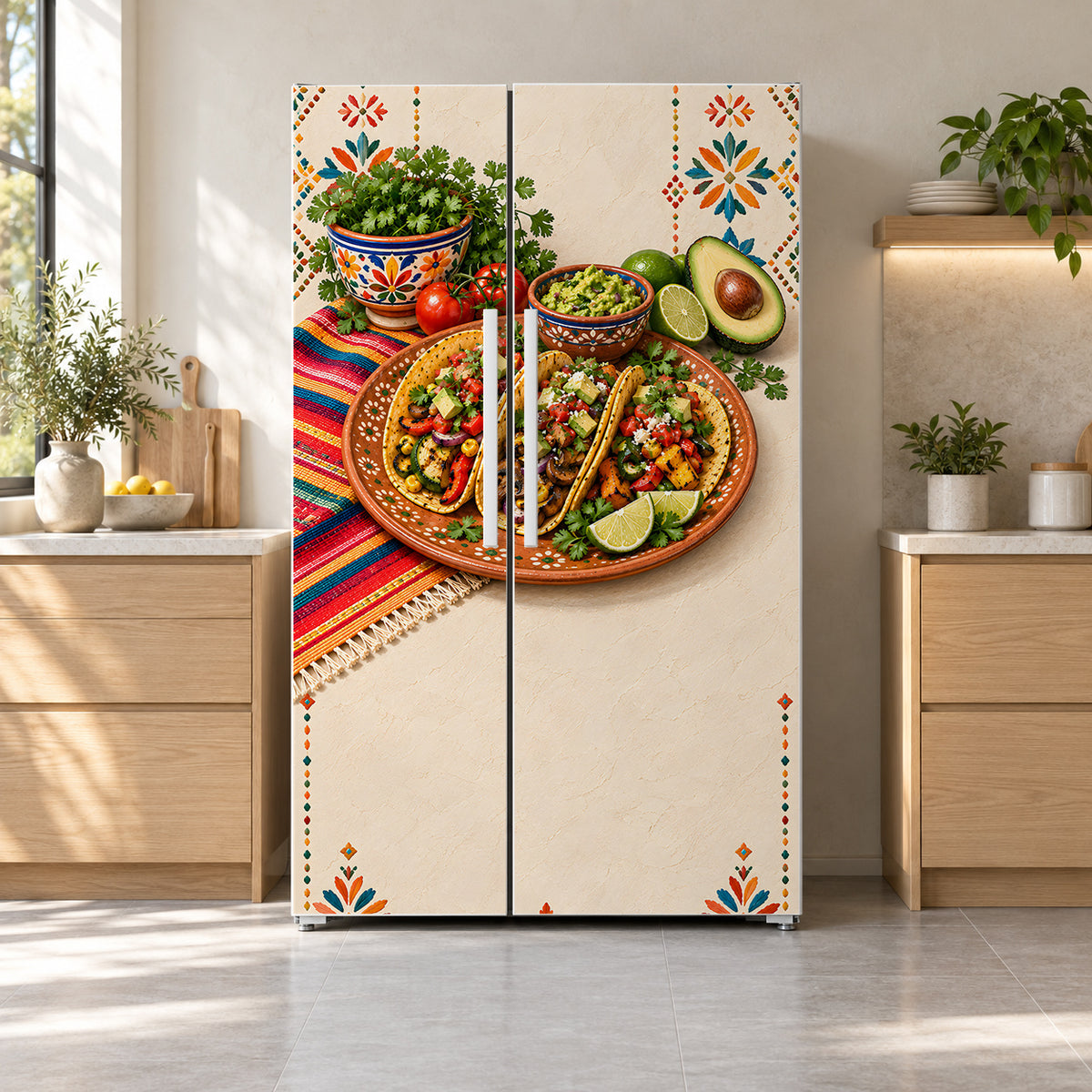 Taco Fiesta fridge wrap on a side-by-side refrigerator