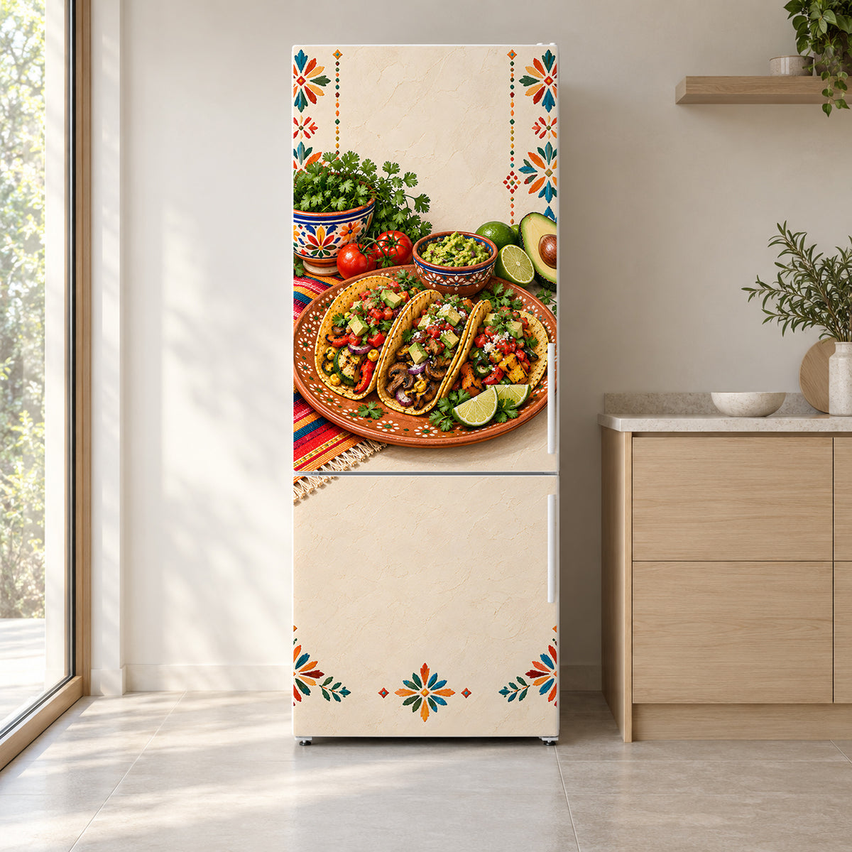 Taco Fiesta fridge wrap on a white refrigerator in a bright kitchen