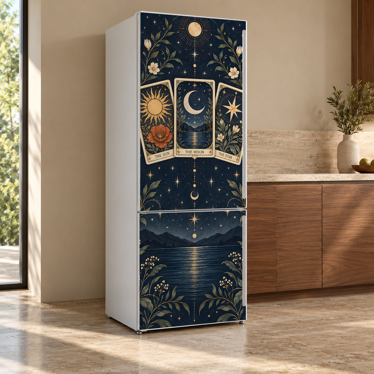 Tarot Cards fridge wrap, refrigerator shown at an angle
