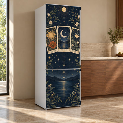 Tarot Cards fridge wrap, refrigerator shown at an angle