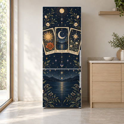 Tarot Cards fridge wrap on a white refrigerator in a bright kitchen