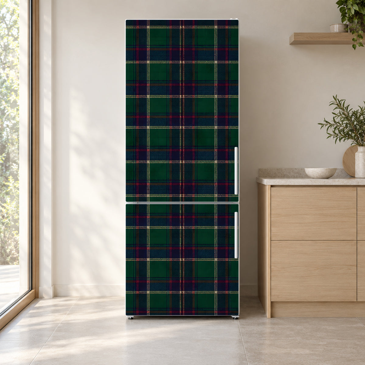 Tartan Plaid fridge wrap on a white refrigerator in a bright kitchen
