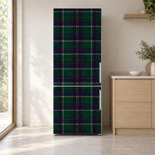 Tartan Plaid fridge wrap on a white refrigerator in a bright kitchen