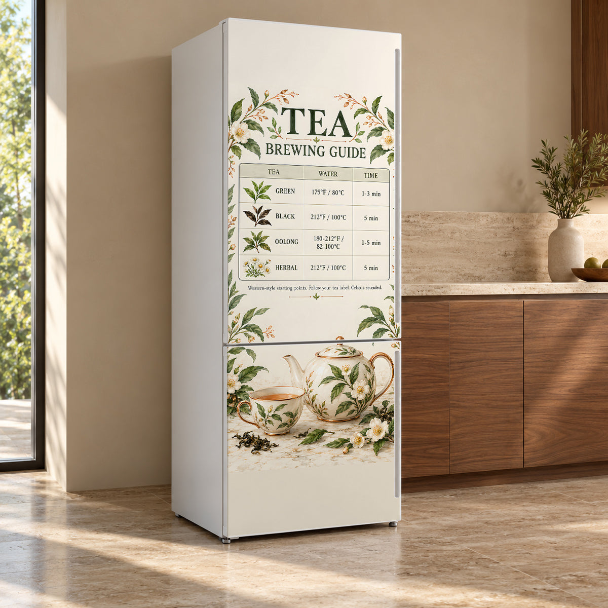 Tea Brewing Guide fridge wrap, refrigerator shown at an angle
