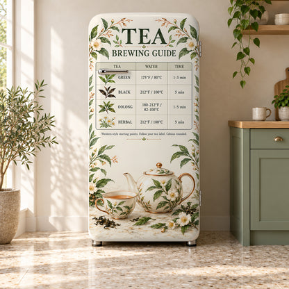 Tea Brewing Guide fridge wrap on a retro refrigerator