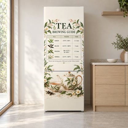 Tea Brewing Guide fridge wrap on a white refrigerator in a bright kitchen