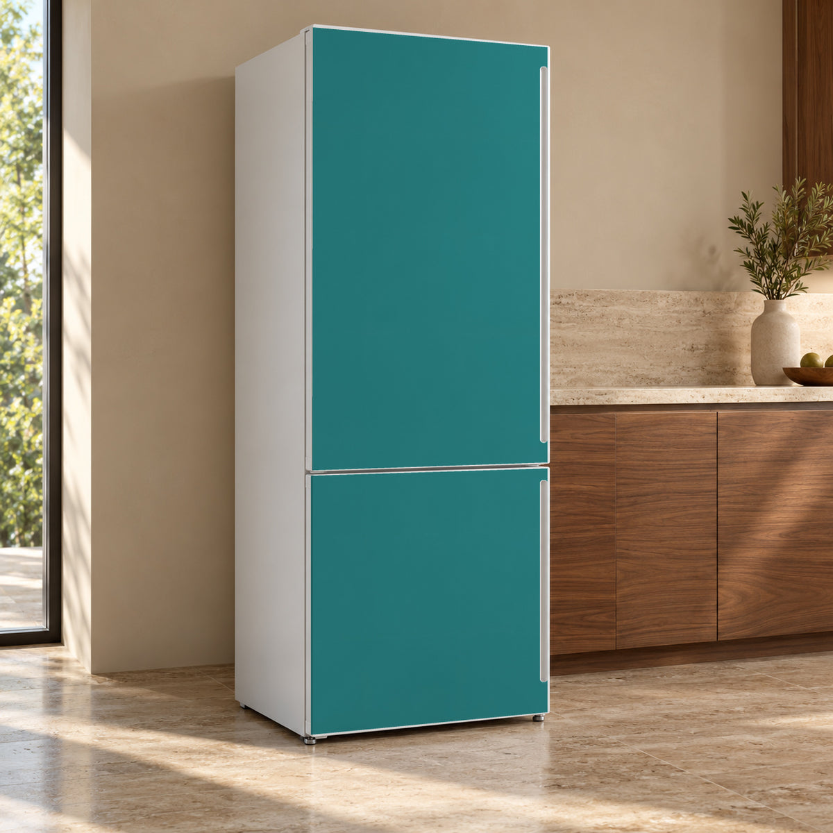 Teal fridge wrap, refrigerator shown at an angle