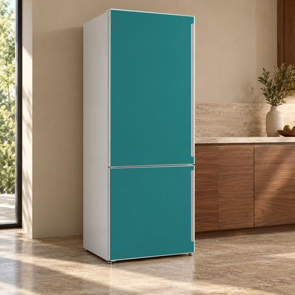 Teal fridge wrap, refrigerator shown at an angle