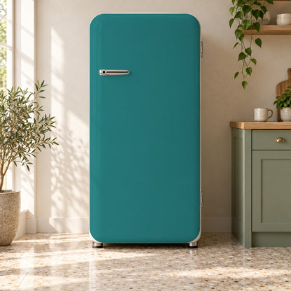 Teal fridge wrap on a retro refrigerator